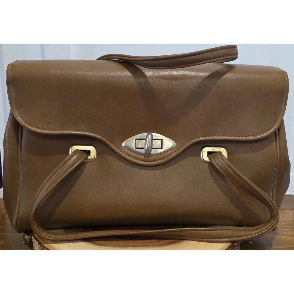 VTG MCM Retro Office Utilitarian Brown Faux Leather Handbag USA Turn Closure